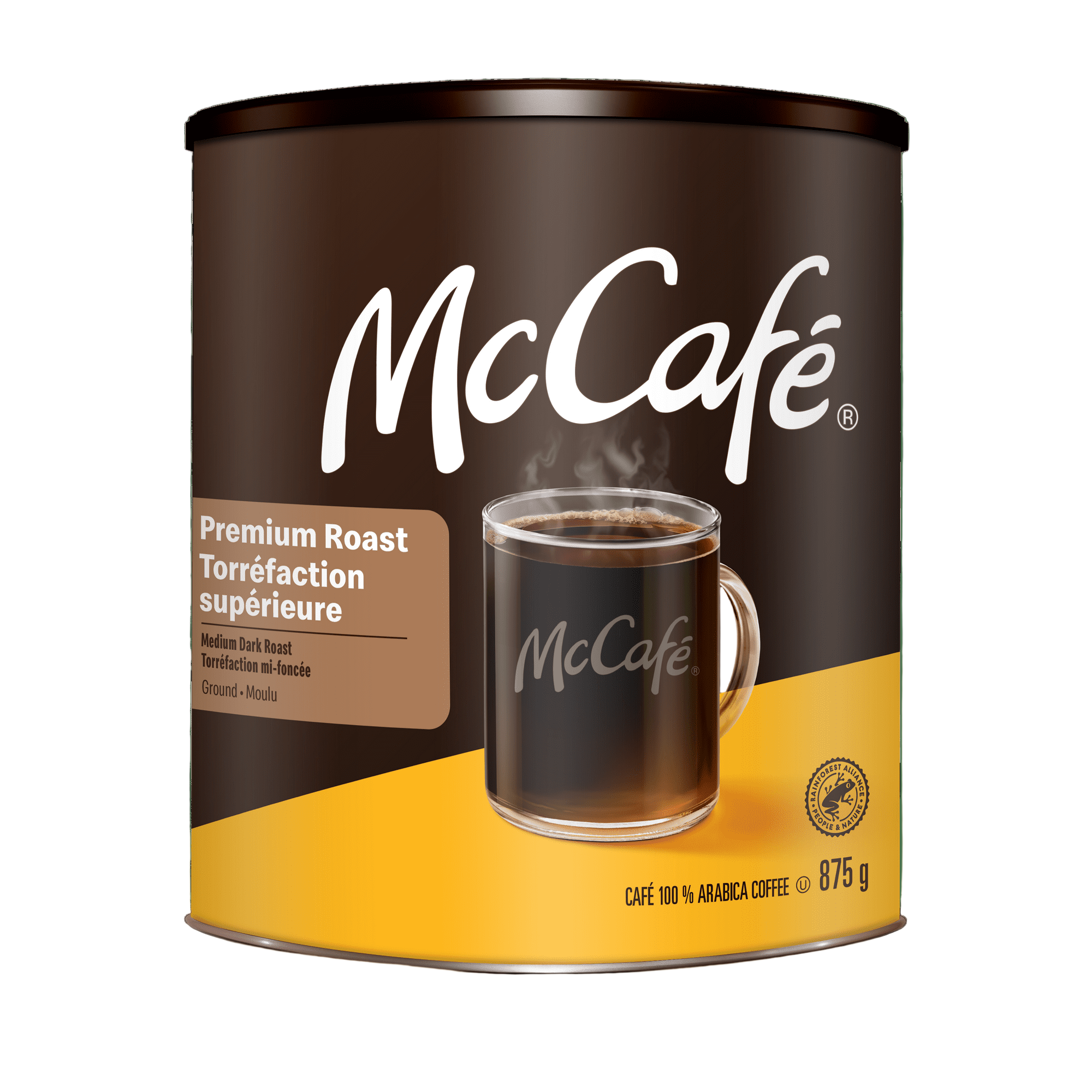 A can of McCafe Premium Medium Dark Roast Ground Coffee - 875g with a glass of coffee on a green background