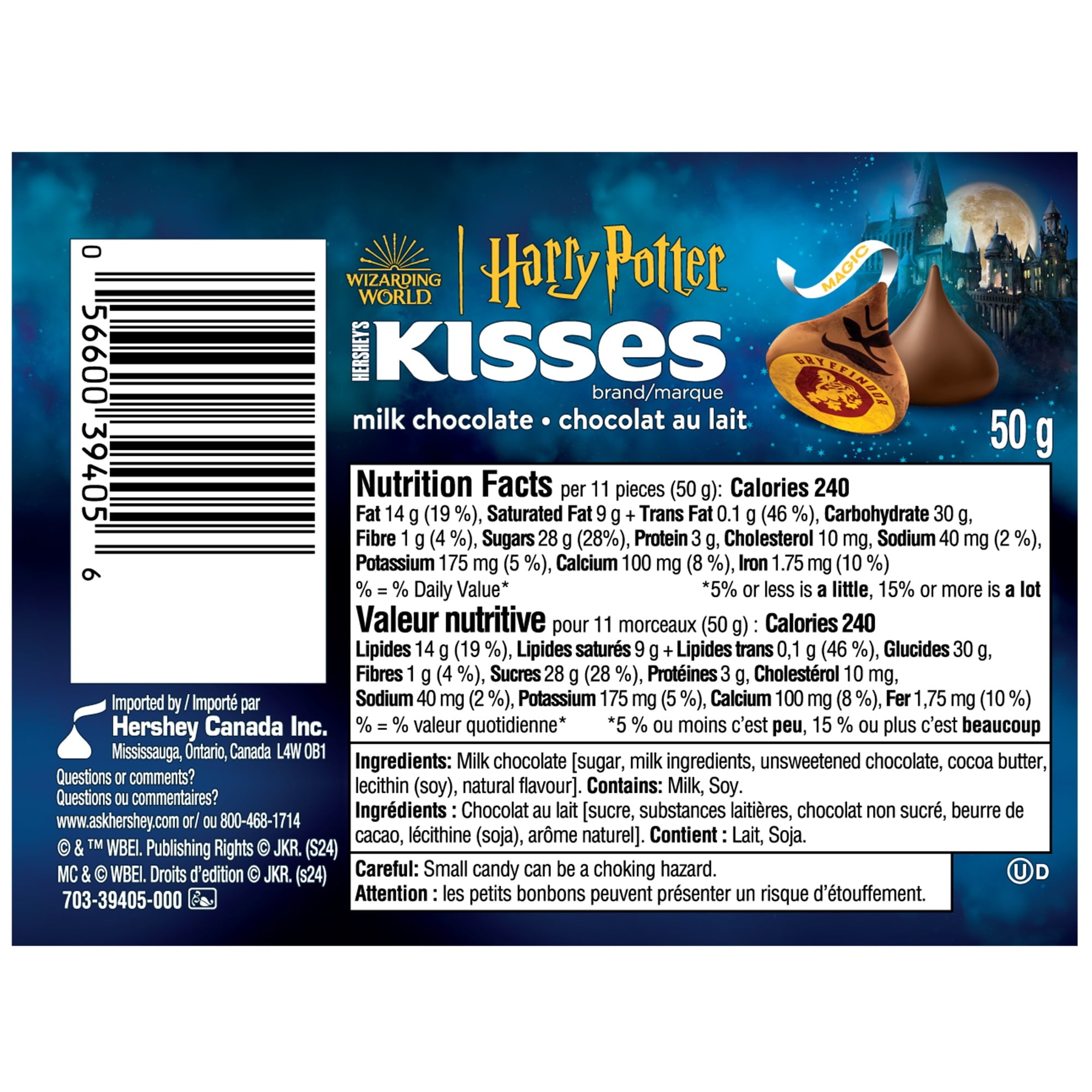 Hershey's Kisses Harry Potter Sorting Hat Cane, Milk Chocolate, 50g/1.75 oz. Tube, nutrition & ingredients label