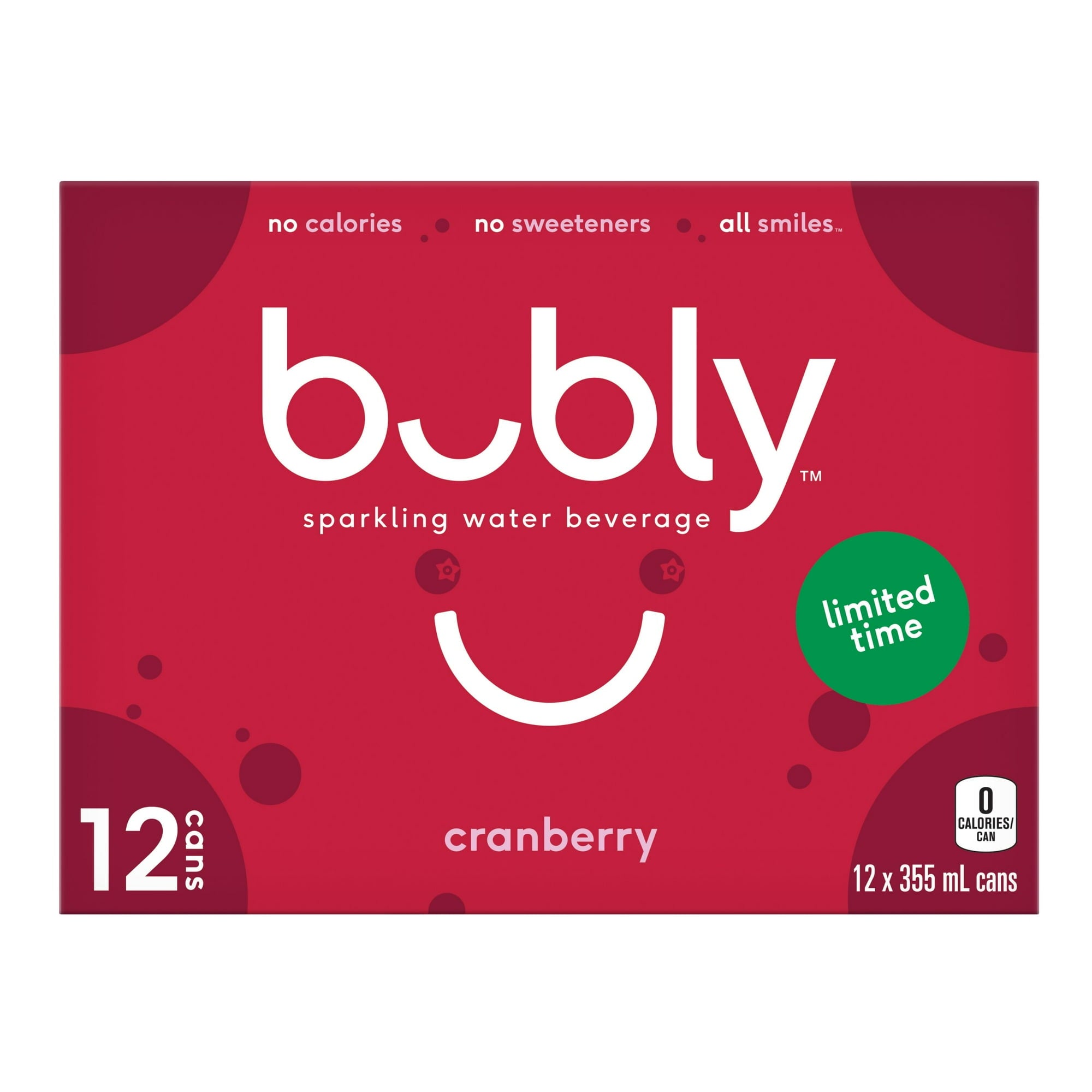 Box of bubly cranberry sparkling water beverage on a white background