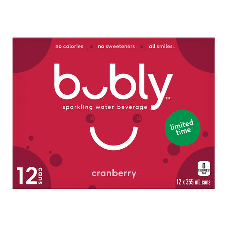 Box of bubly cranberry sparkling water beverage on a white background
