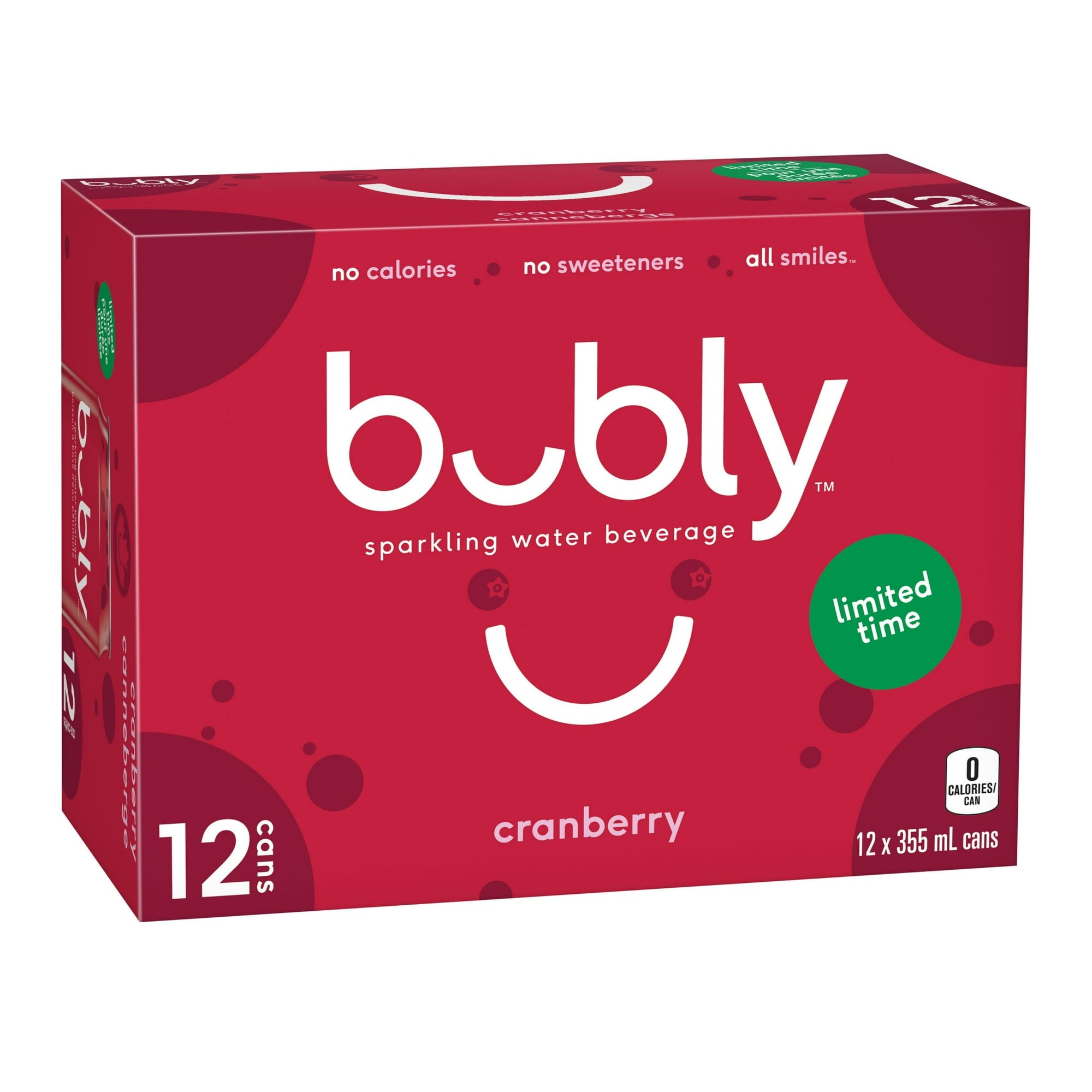 Box of bubly cranberry sparkling water beverage on a white background