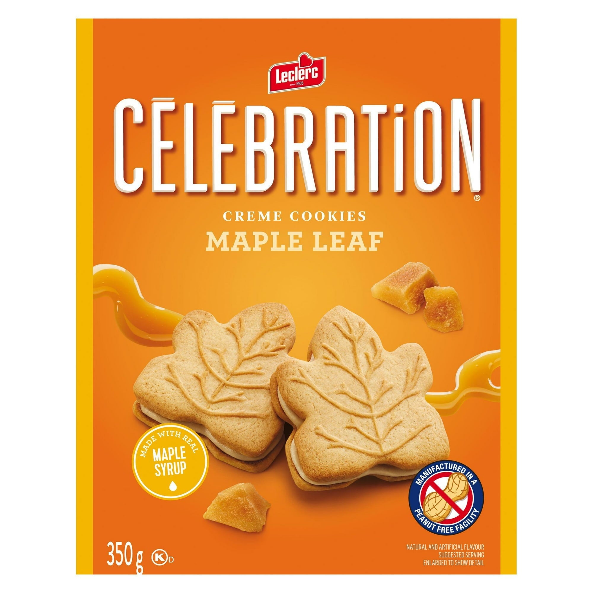 Box of Leclerc Celebration Creme Cookies Maple Leaf on an orange background