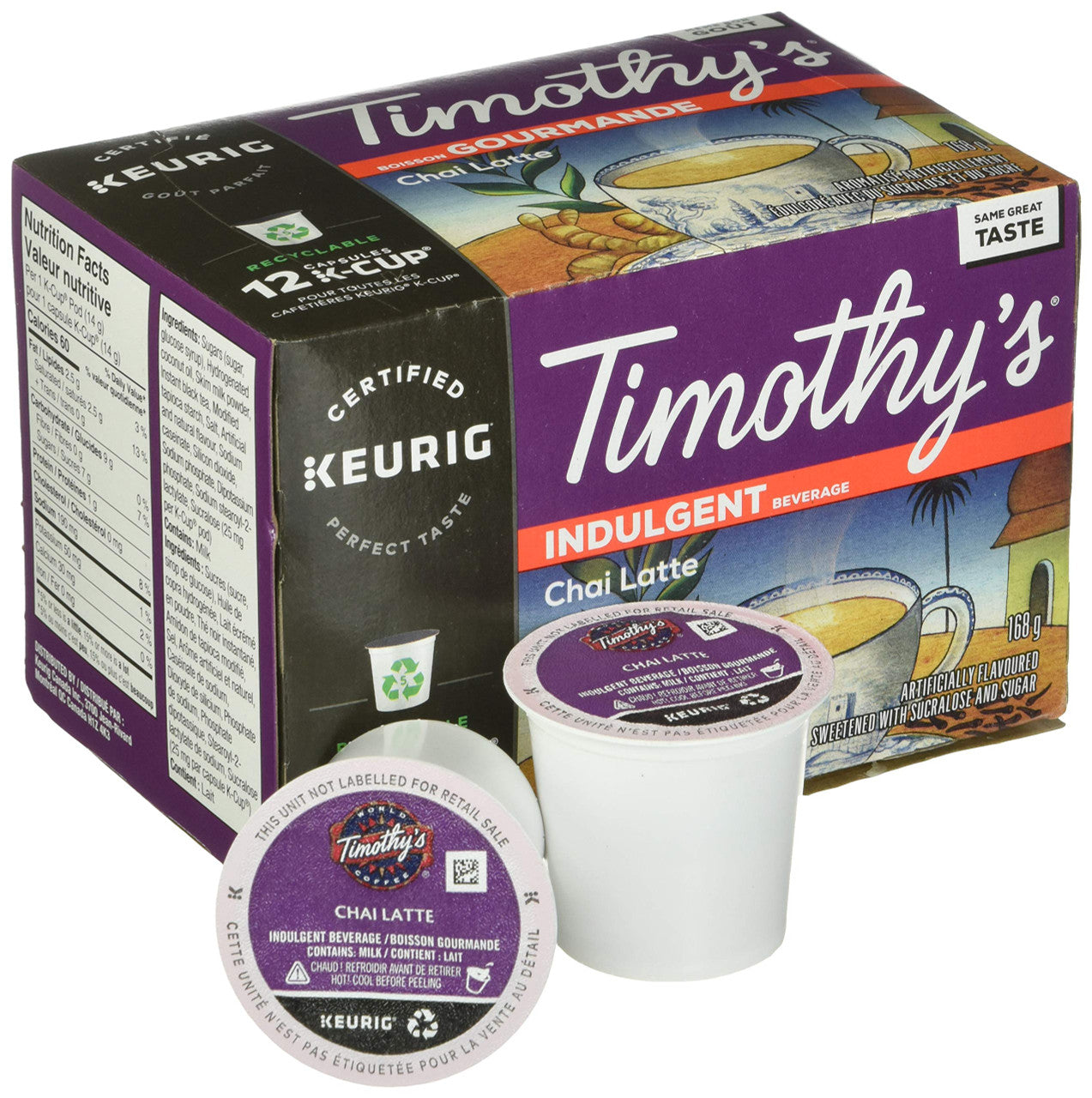 Timothy's Chai Latte Single Serve Keurig Certified Recyclable K-Cup pods for Keurig Brewers, 12 Count {Imported from Canada}