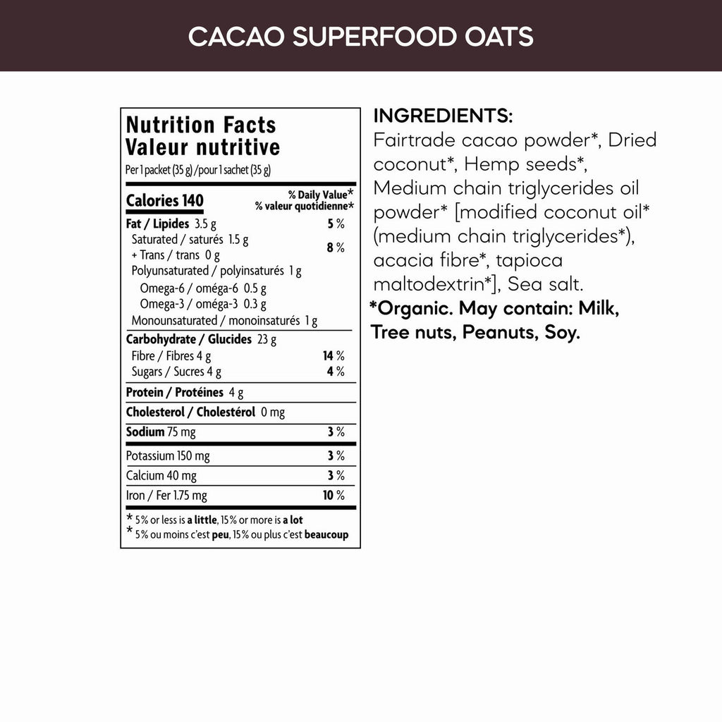 Nature's Path Cacao Superfood Oatmeal with Chia, Buckwheat, and Hemp, 6 packets, 210g/7.3 oz. Box {Imported from Canada}