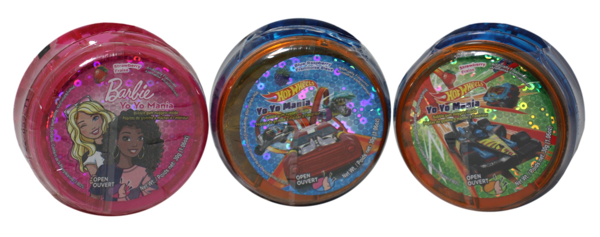 Barbie & Hot Wheels Yo-Yo Mania, picture of all 3 colors - 1 each, (pink, blue, green)