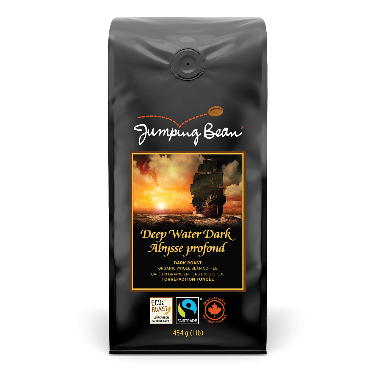 Jumping Bean Deep Water Roast Fairtrade Organic Whole Bean Coffee, Dark Roast, 454g/1lb., {Imported from Canada}