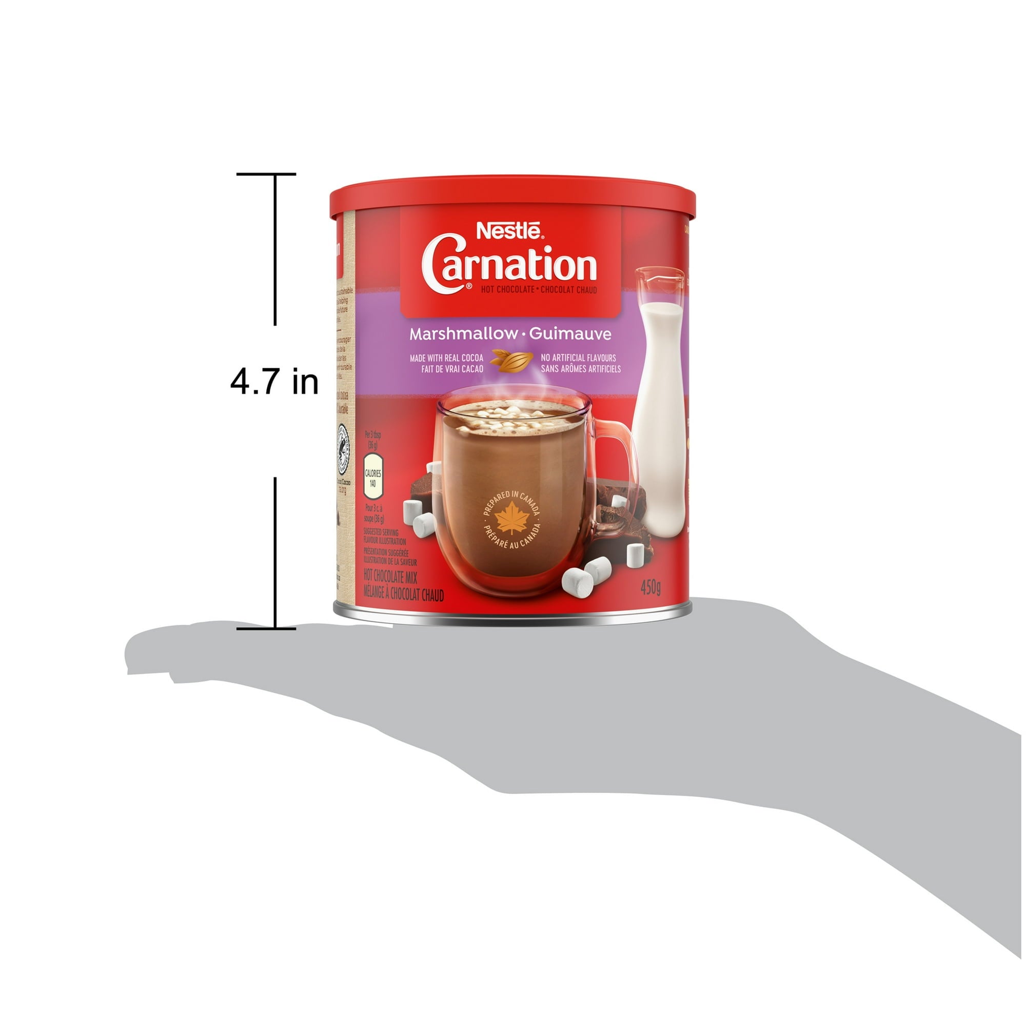 Nestle Carnation marshmallow canister with dimensions on a white background