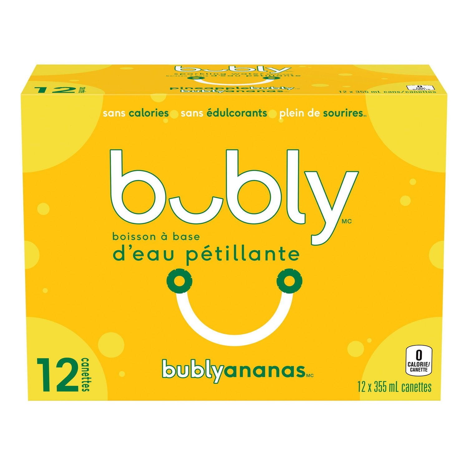 Bubly Pineapple Sparkling Water Beverage, 12x355ml cans, 4.26L/144 oz., back of package.