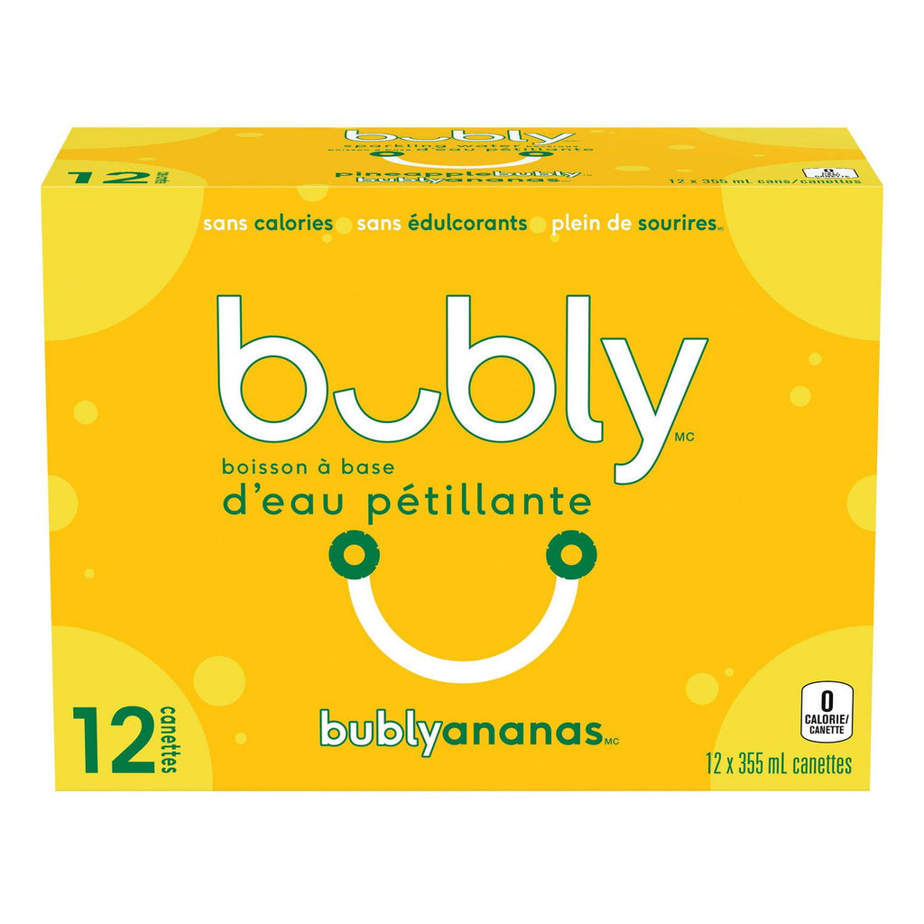 Bubly Pineapple Sparkling Water Beverage, 12x355ml cans, 4.26L/144 oz., back of package.