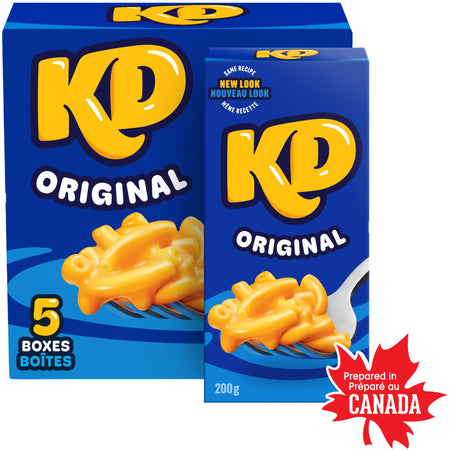 Two boxes of KD Original macaroni and cheese with a blue background and yellow text.