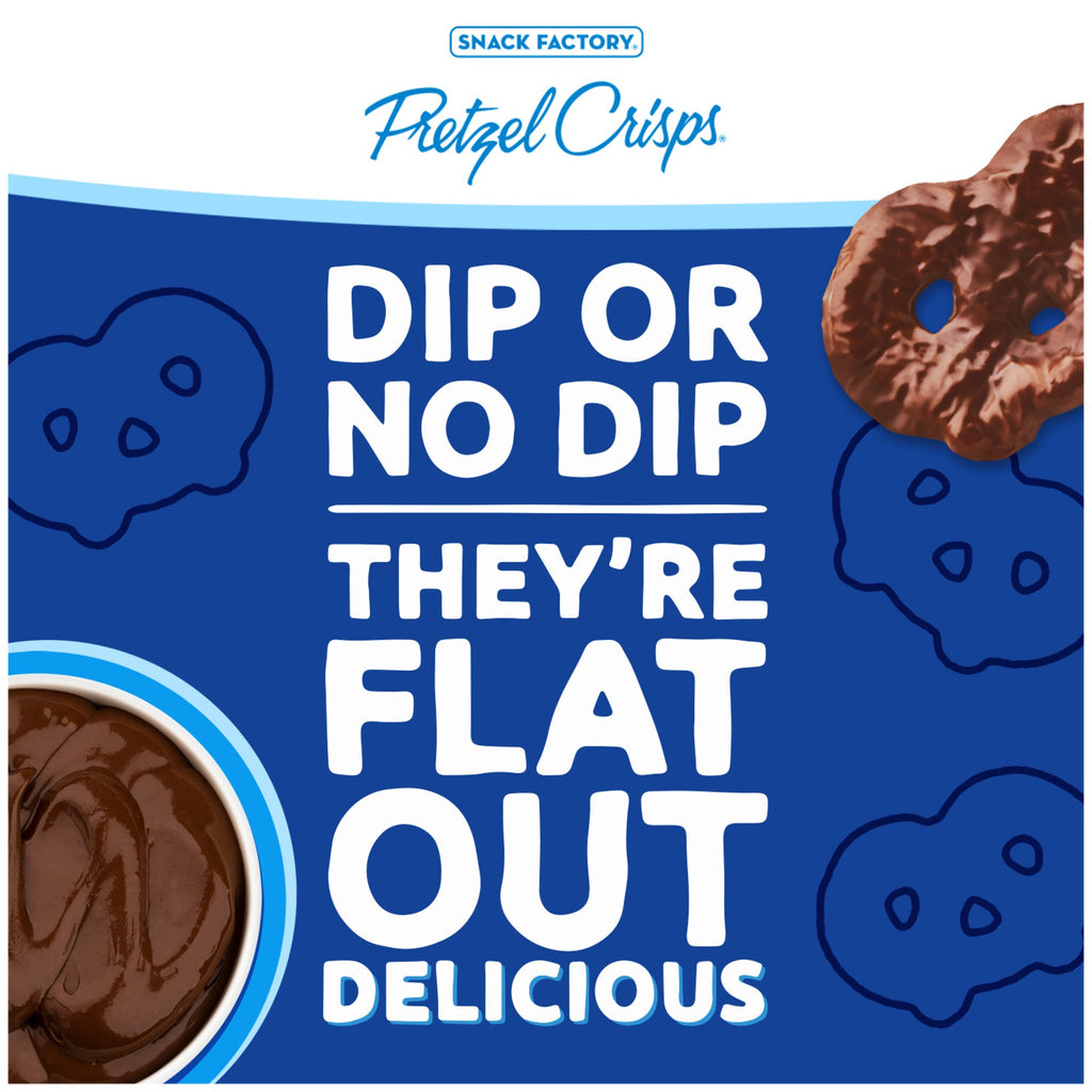 Snack Factory Milk Chocolate Crunch Pretzel Crisps, dip or no dip, they're flat out delicious, label