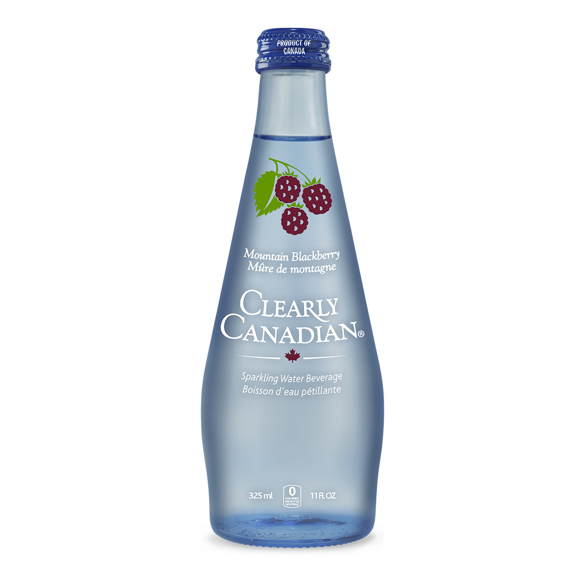 Clearly Canadian Sparkling Water Beverage, Mountain Blackberry, 325ml/11 Fl oz., Bottle, front of bottle.