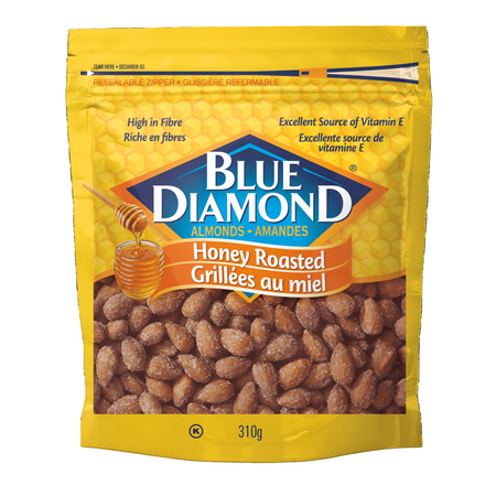 Yellow package of Blue Diamond Honey Roasted almonds on a white background
