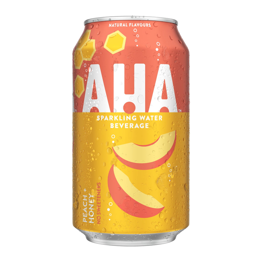 One can of AHA Sparkling Water Beverage, Peach & Honey Flavor, Unsweetened, 355ml on a white background