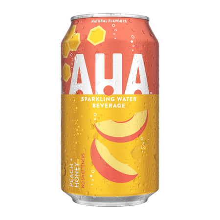 One can of AHA Sparkling Water Beverage, Peach & Honey Flavor, Unsweetened, 355ml on a white background