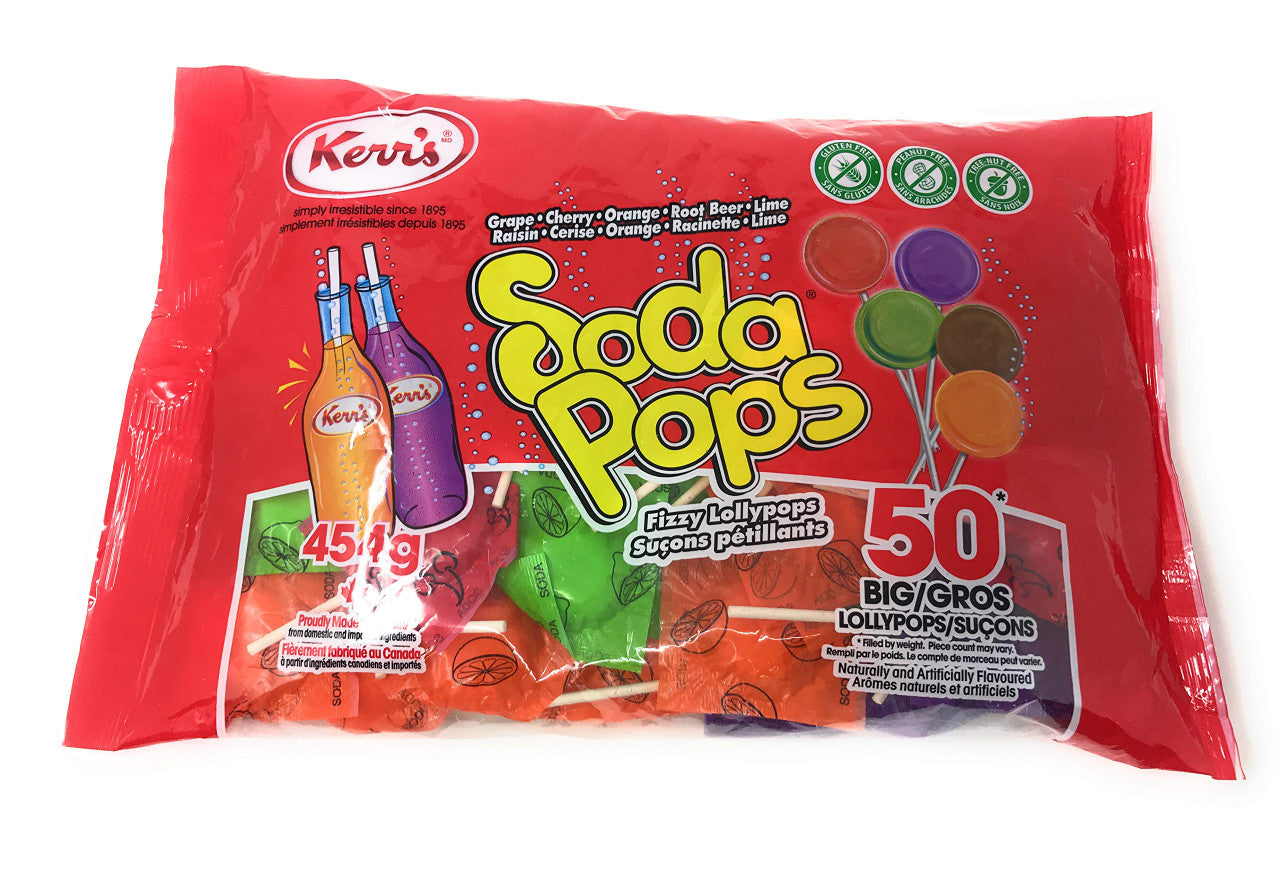 Kerr's Soda Pops Fizzy Lollypops Various Flavours, 454g/16 oz., Bag, 50 Big Lollypops {Imported from Canada}