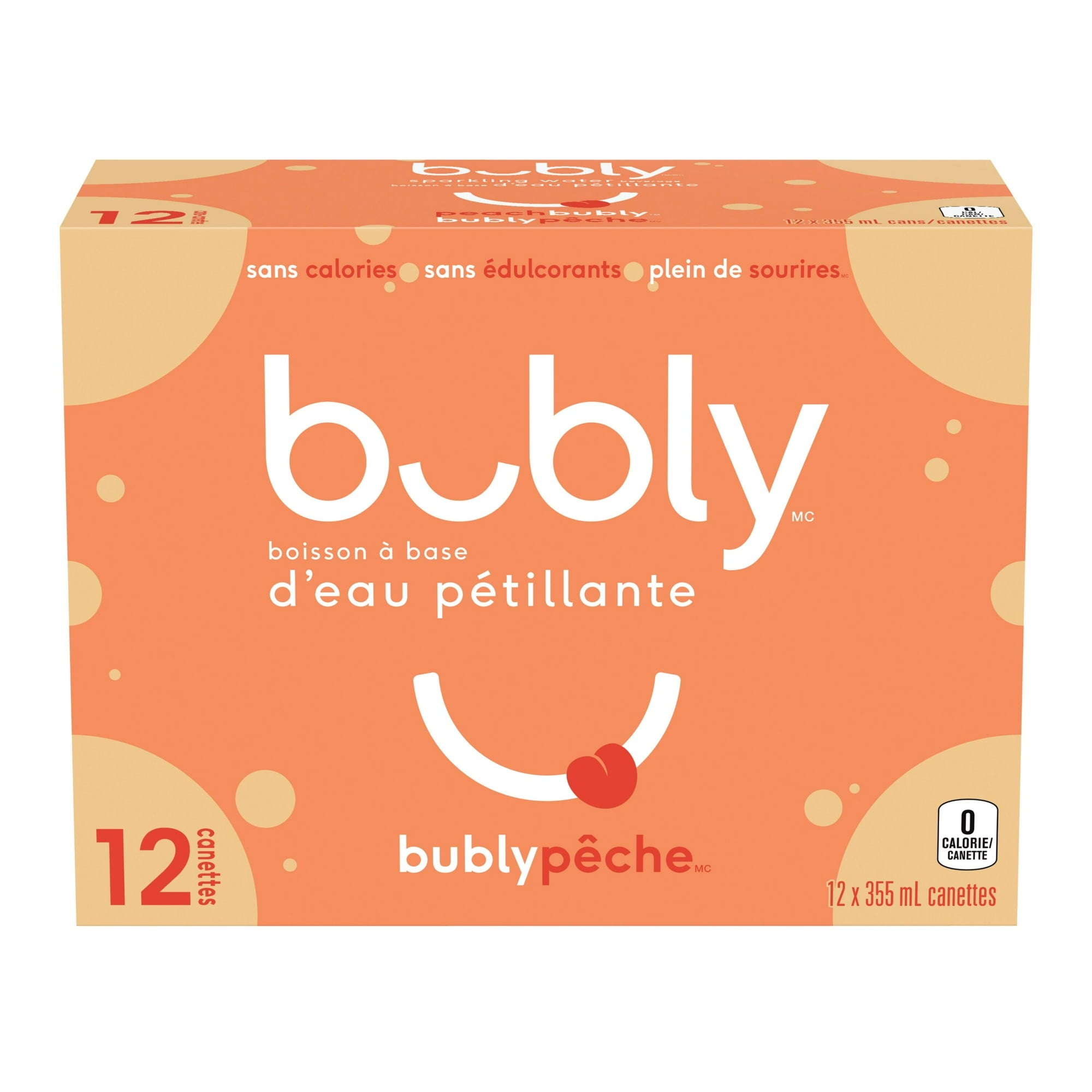 Front of Bubly Peach Sparkling Water Beverage, 12x355ml cans, 4.26L/144 oz in French