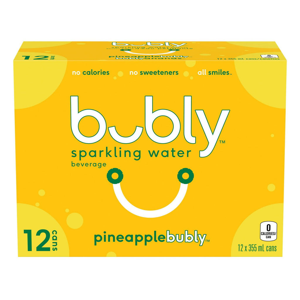 Bubly Pineapple Sparkling Water Beverage, 12x355ml cans, 4.26L/144 oz., front of package.