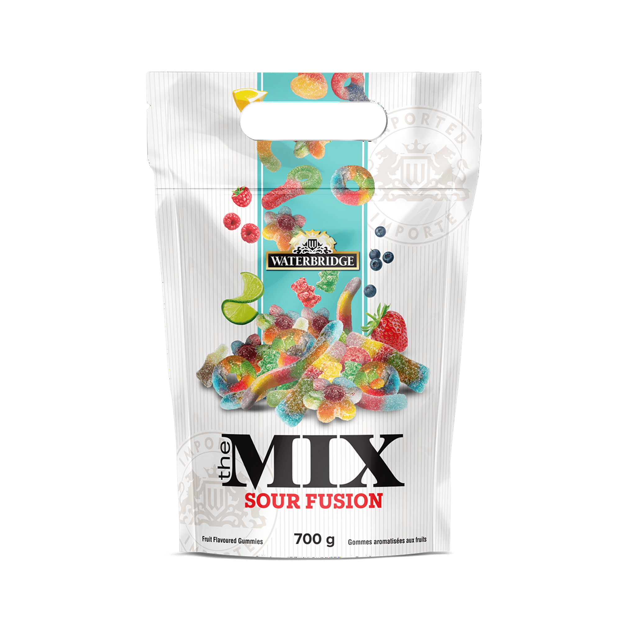 Waterbridge The Mix Sour Fusion, Assorted Gummies, 700g/24.5 oz, Front - Packaging of Waterbridge Sour Fusion Mix gummies on a white background