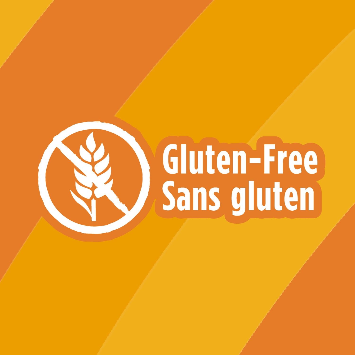 Gluten-free symbol and text on an orange and brown striped background
