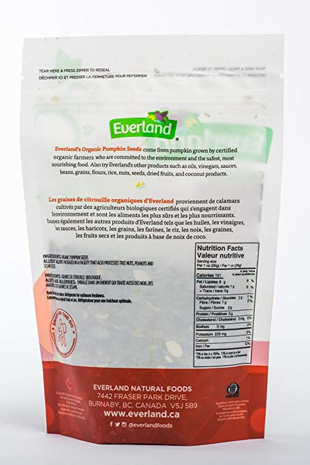 Everland Organic Roasted Pumpkin Seeds Unsalted, 227g/8 oz., {Canadian}