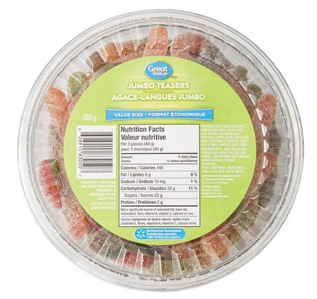 Great Value, 950g/2.1lbs, Tub of Jumbo Gummy Teasers, {Imported from Canada}