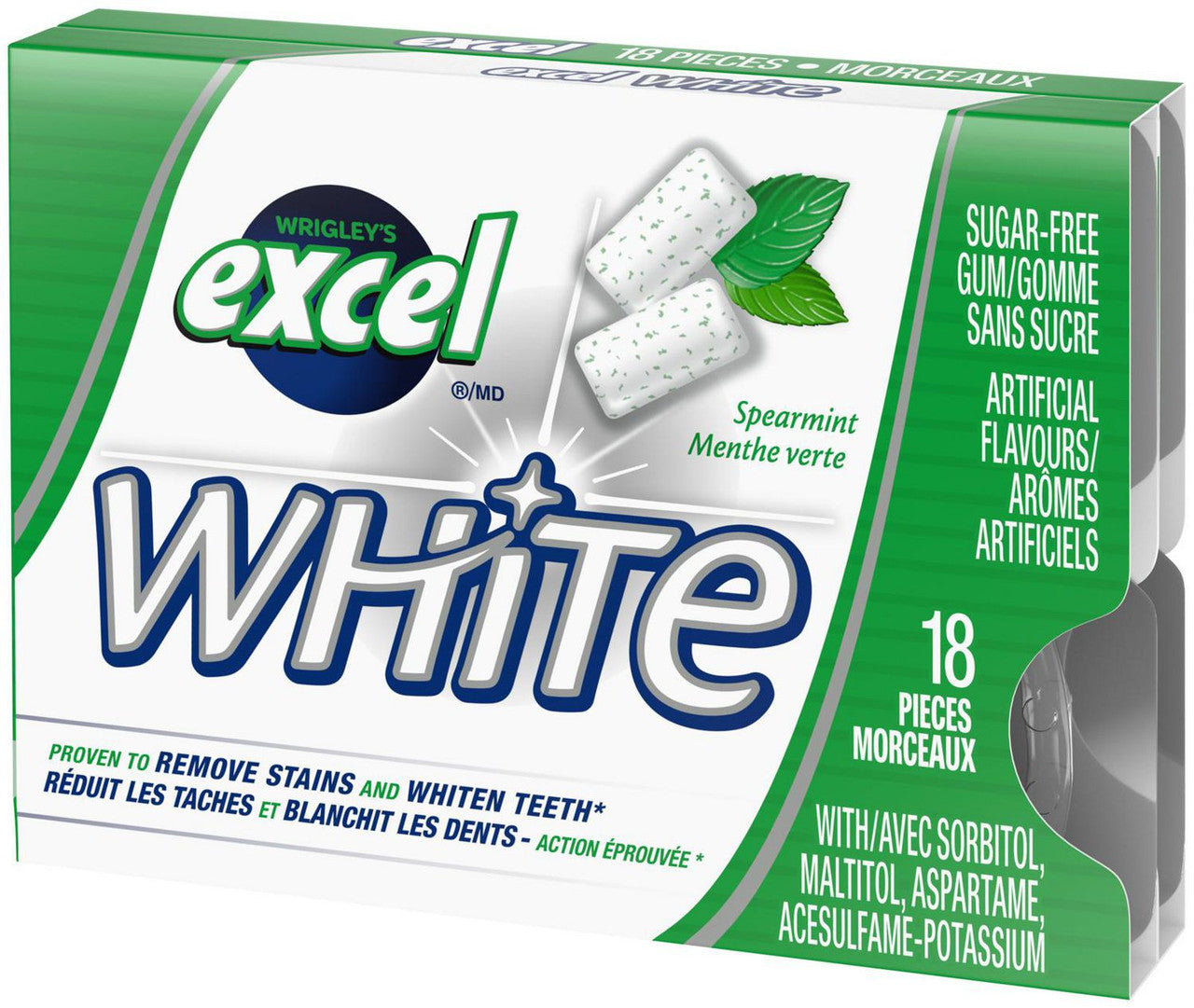 Excel White Sugar-Free Gum, Spearmint, 3-Pack x 18 pieces, 54 pieces total {Imported from Canada}