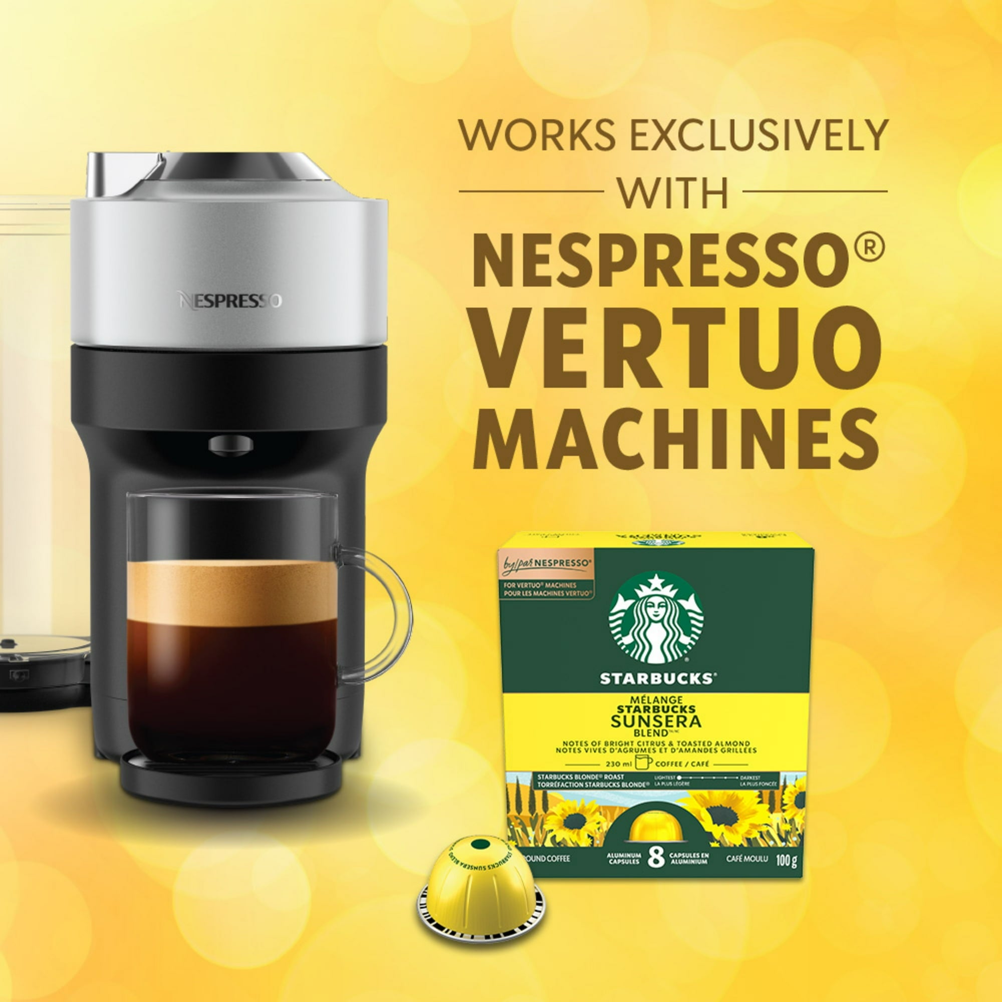 Starbucks Nespresso Vertuo coffee machine and capsules on a yellow background