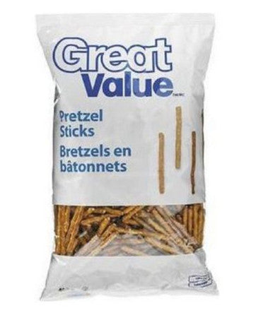 White bag of Great Value Pretzel Sticks, 400g on white background