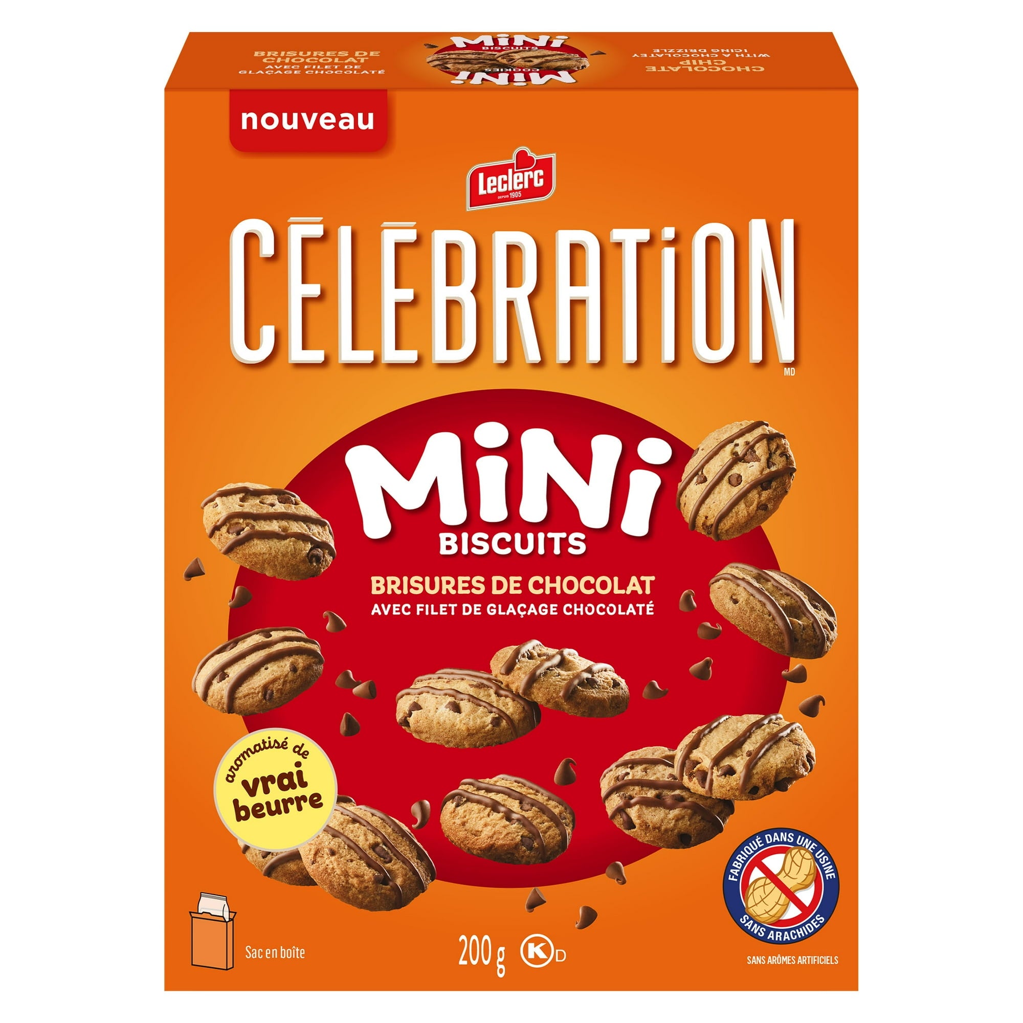 Box of Leclerc Celebration Mini Biscuits with chocolate pieces on an orange background
