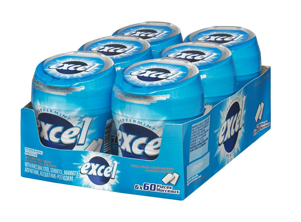 Excel Sugar-Free Gum, Peppermint, 60pc Bottle, 6 Count, {Imported from Canada}