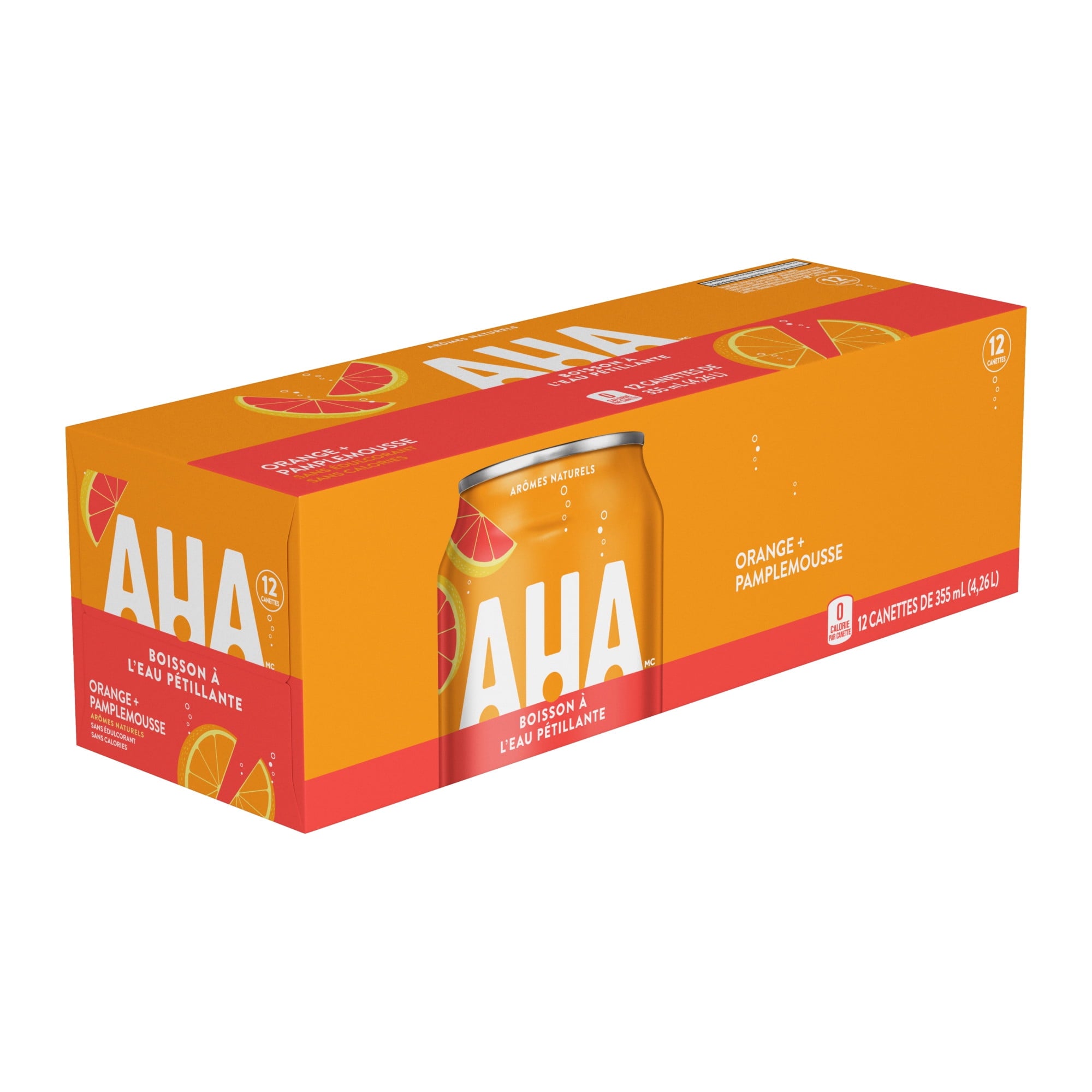 Box of AHA orange and grapefruit sparkling drinks on a white background