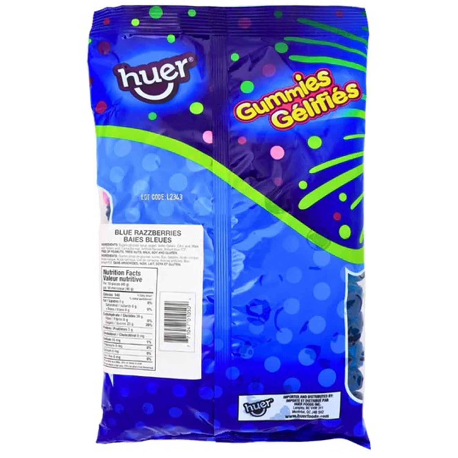 Huer Bulk Blue Razzberries Gummies, 1kg, back of bag.