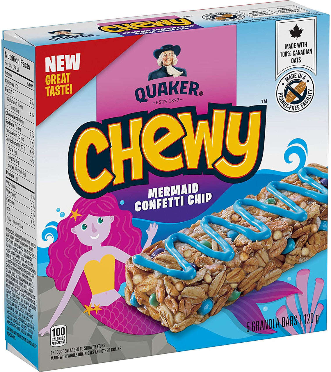 QUAKER CHEWY Confetti Chip Granola Bars (5 Bars x 24 g), 120g/4.2 oz., {Imported from Canada}