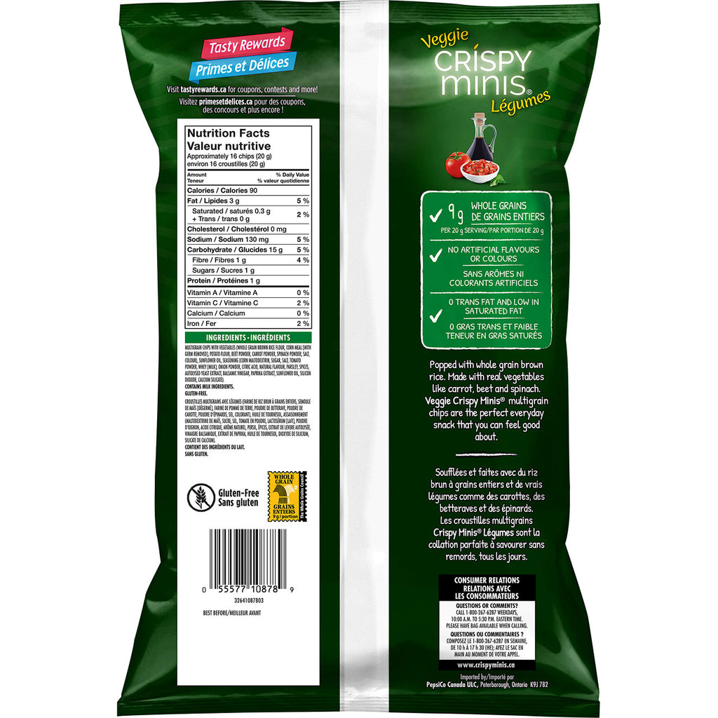 Quaker Crispy Minis Veggie Balsamic & Bruschetta Multigrain Chips, 90g/3.2 oz. (Imported from Canada)