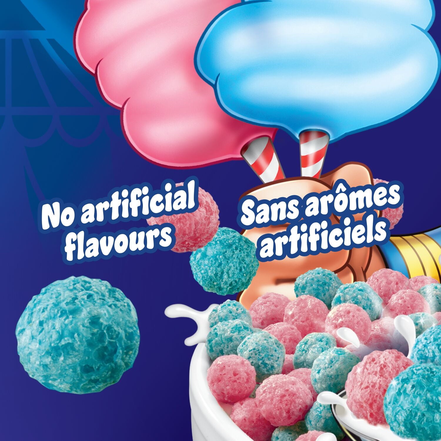 Colorful candy balls with cotton candy in the background on a blue background