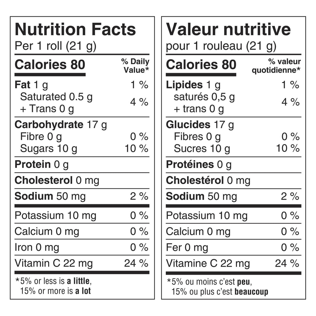 Nutrition facts label for Betty Crocker, Gluten Free, Fruit by The Foot, Starburst All Pink, 6 Count, 128g/4.5oz, displayed in both English and French.