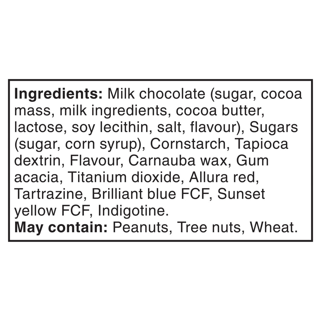 Ingredients label of M&M's Holiday Mint Milk Chocolate Candies, 165g/5.8 oz. Bag