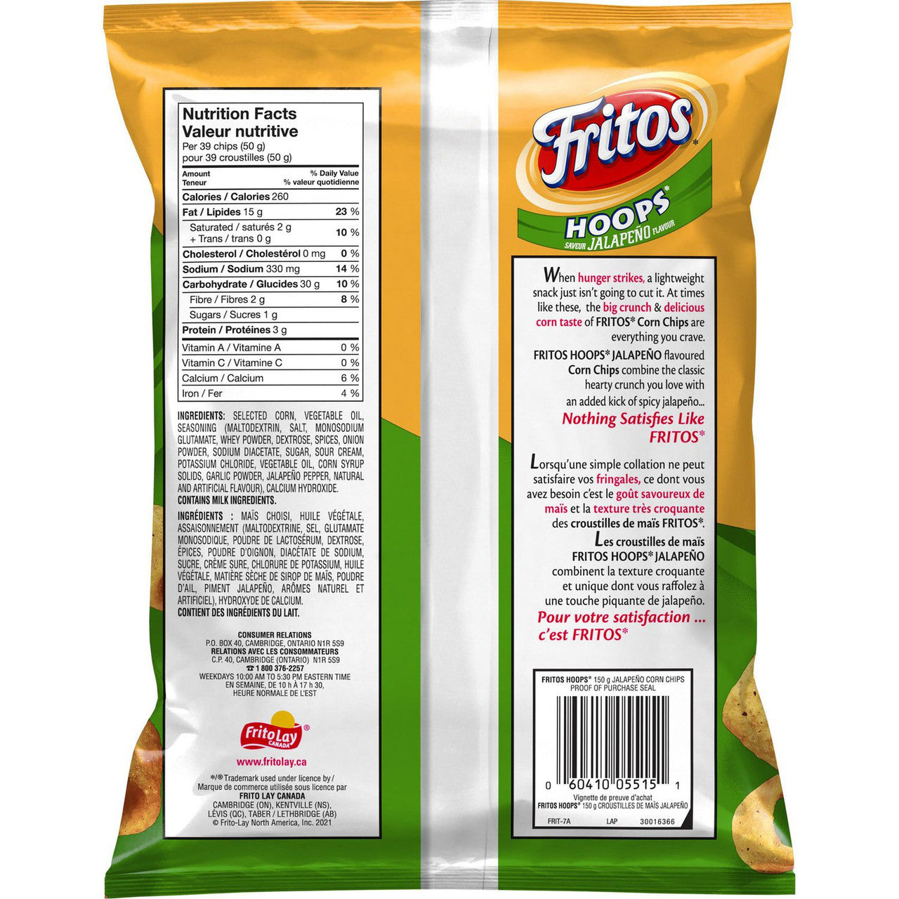 Fritos Hoops Jalapeno Corn Chips, 150g/5.3 oz., Bag {Imported from Canada}