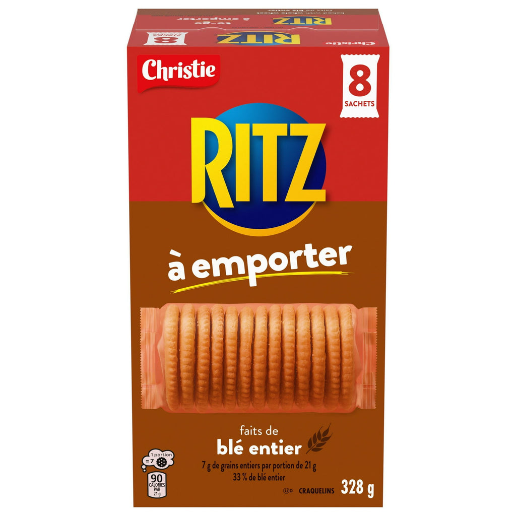 Box of Ritz Whole Wheat crackers 328g with red and brown design on a white background