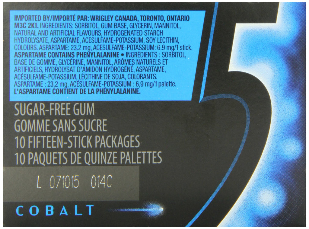 Wrigley 5 Cobalt-Cooling Peppermint Gum, 10ct/150 sticks total, (Imported from Canada)