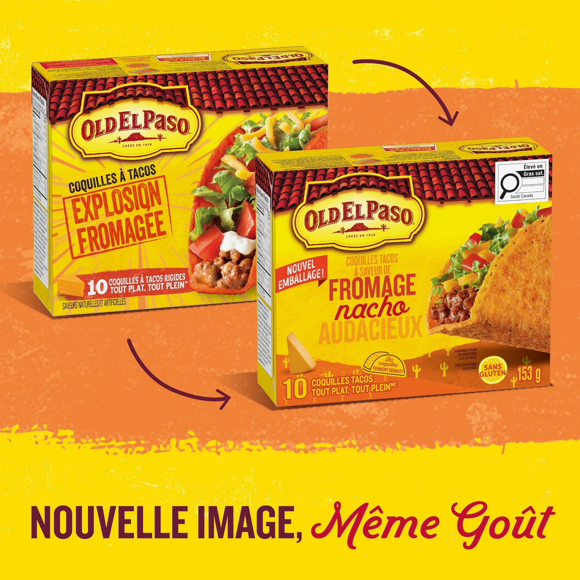 Two Old El Paso taco shell packages on a yellow and orange gradient background with text 'Nouvelle Image, Mème Got'.