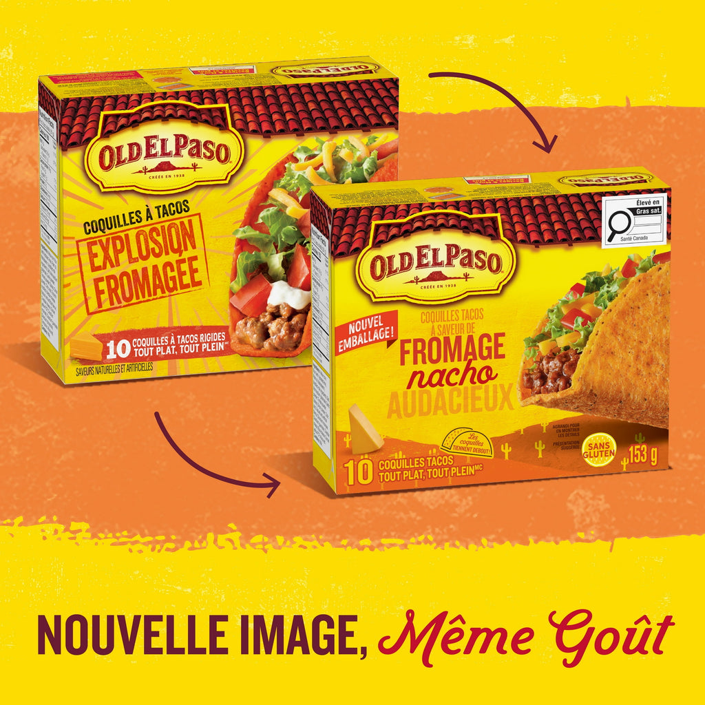 Two Old El Paso taco shell packages on a yellow and orange gradient background with text 'Nouvelle Image, Mème Got'.