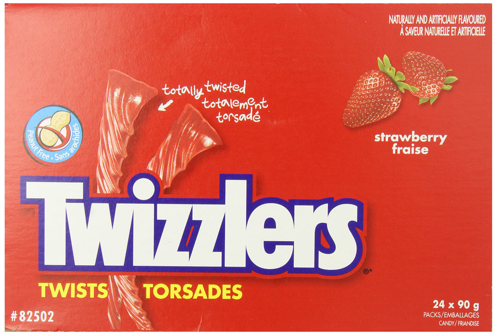 TWIZZLERS Licorice Candy, Strawberry Twizzelators, 24ct/90g bags, (Imported from Canada)