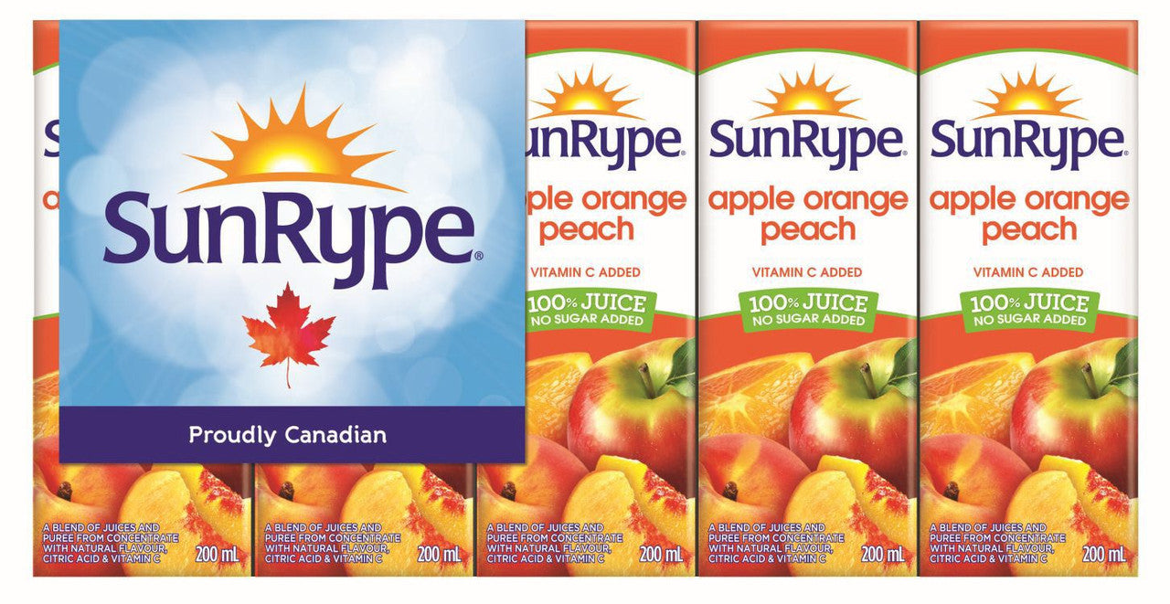 SunRype No Sugar Added Apple Orange Peach 100% Juice, 200ml/6.8 fl. oz. (5ct) {Imported from Canada}