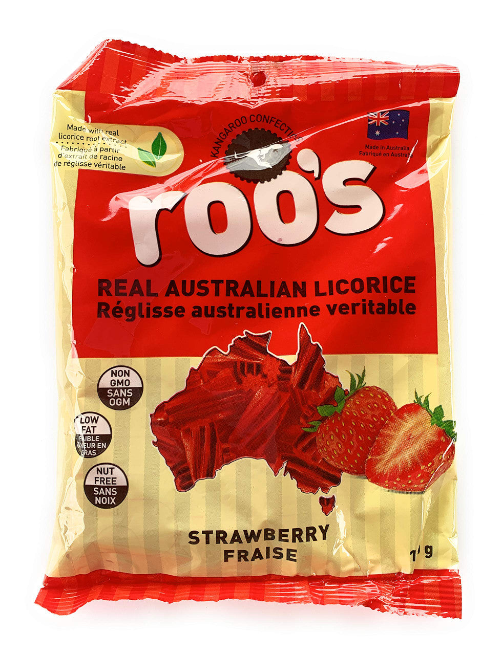 Roo's Real Australian Strawberry Licorice, 120g/4.2oz., Bag, {Imported from Canada}
