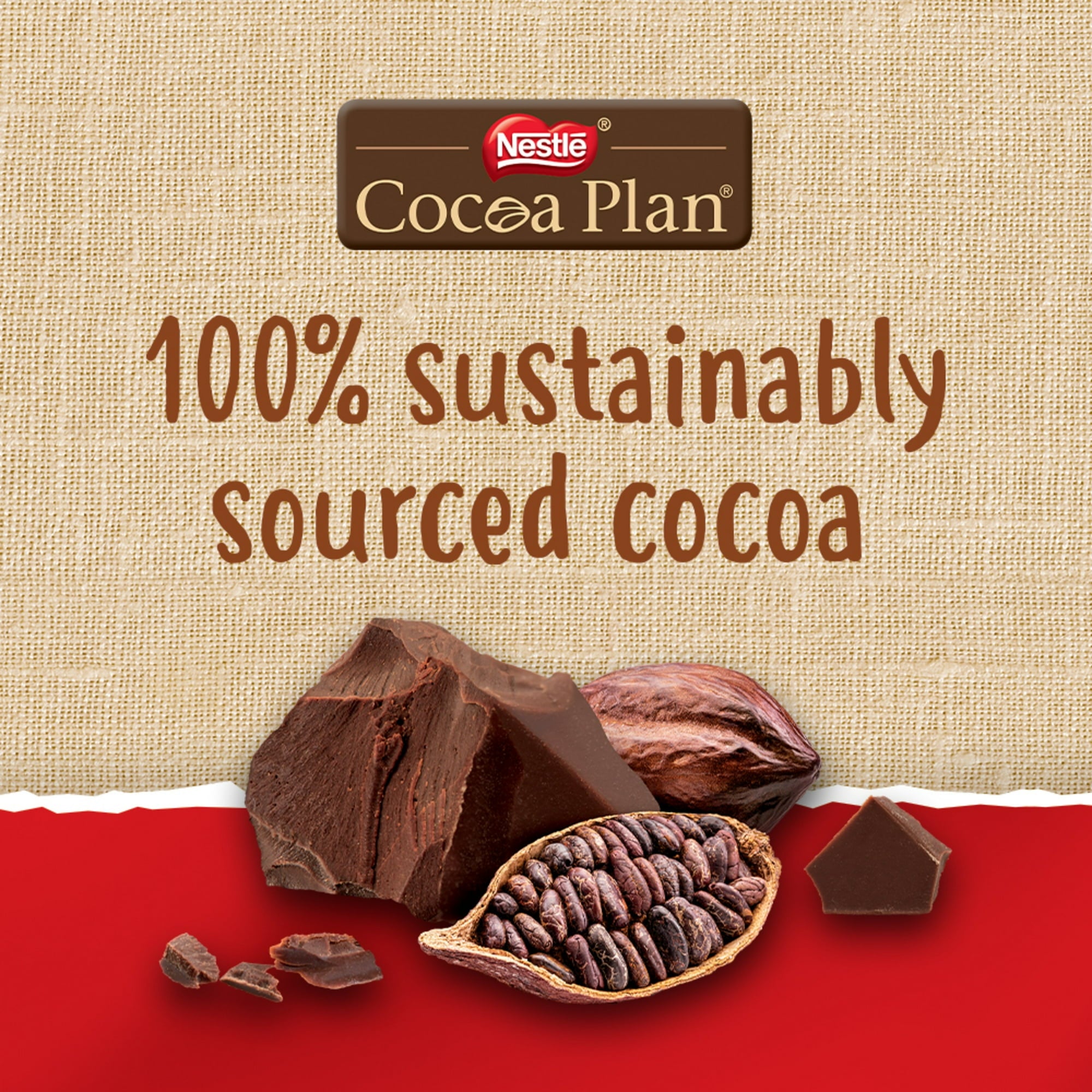 Nestle Cocoa Plan cocoa product with sustainably sourced text on a textured background
