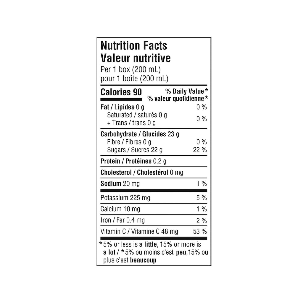 SunRype Fruit Medley Juice Boxes Perfect for On-The-Go, 5x200ml, 1L/33.8 fl. oz. - Nutrition Facts Label