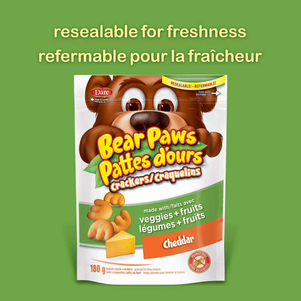 Dare Bear Paws, Bite-Sized Cheddar Crackers, Made with Real Fruits and Veggies, 180g {Imported from Canada}