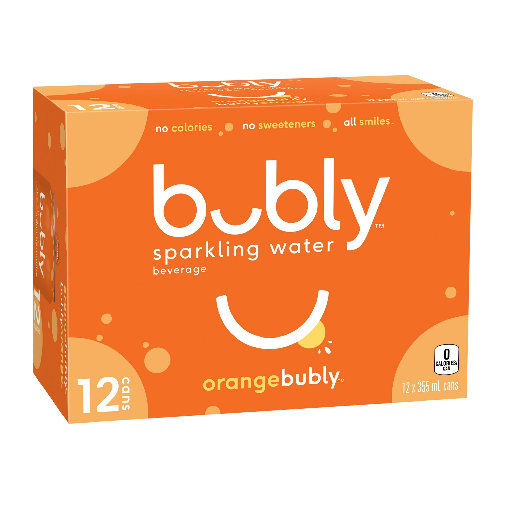 Front of Bubly Orange Sparkling Water Beverage, 12x355ml cans, 4.26L/144 oz